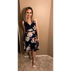 Navy Blue Floral Print Spaghetti-Strap Dress